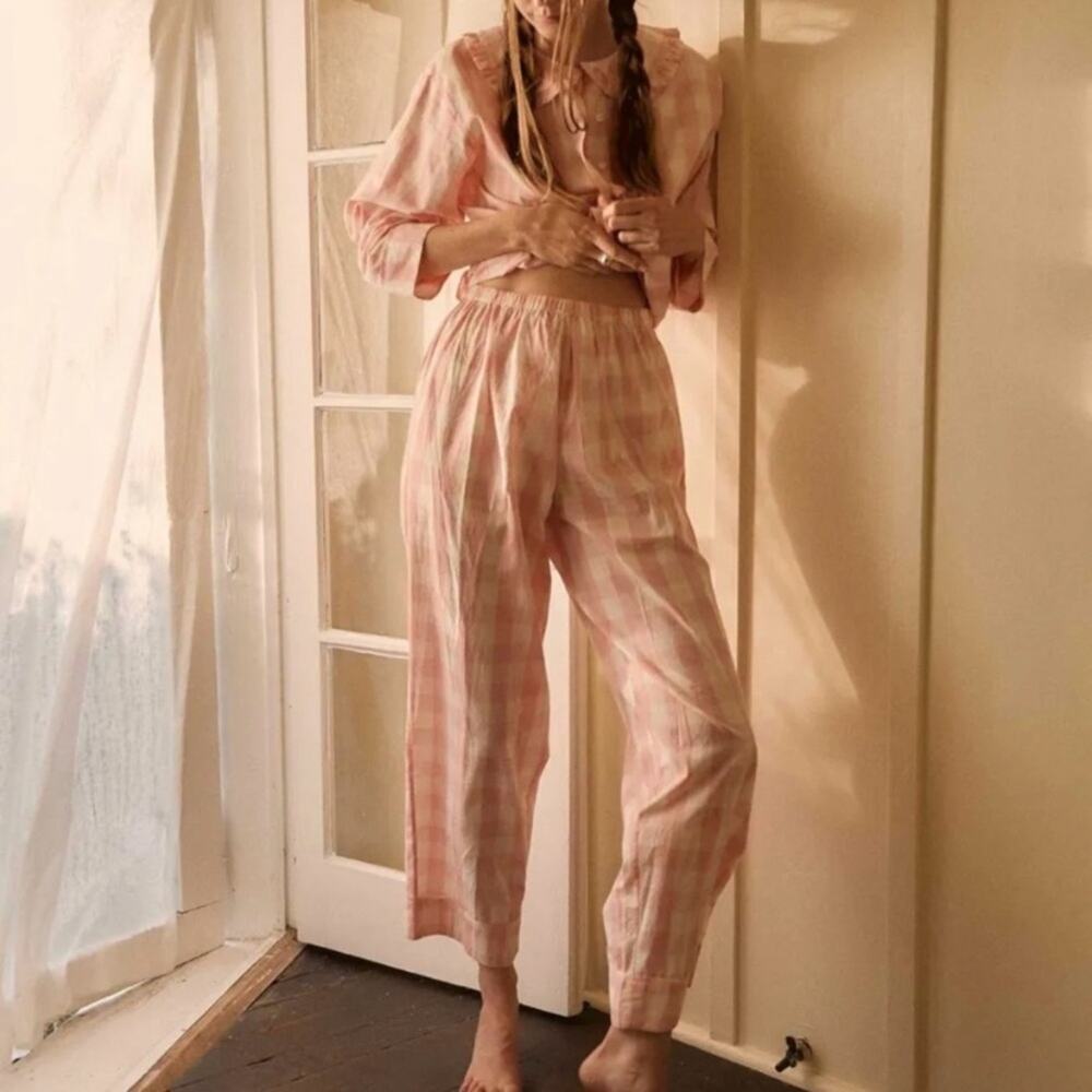 NWT Doen Paz Cotton Pink Ruffle Collar Pajama Blouse Top Rosette Gingham - Picture 4 of 11